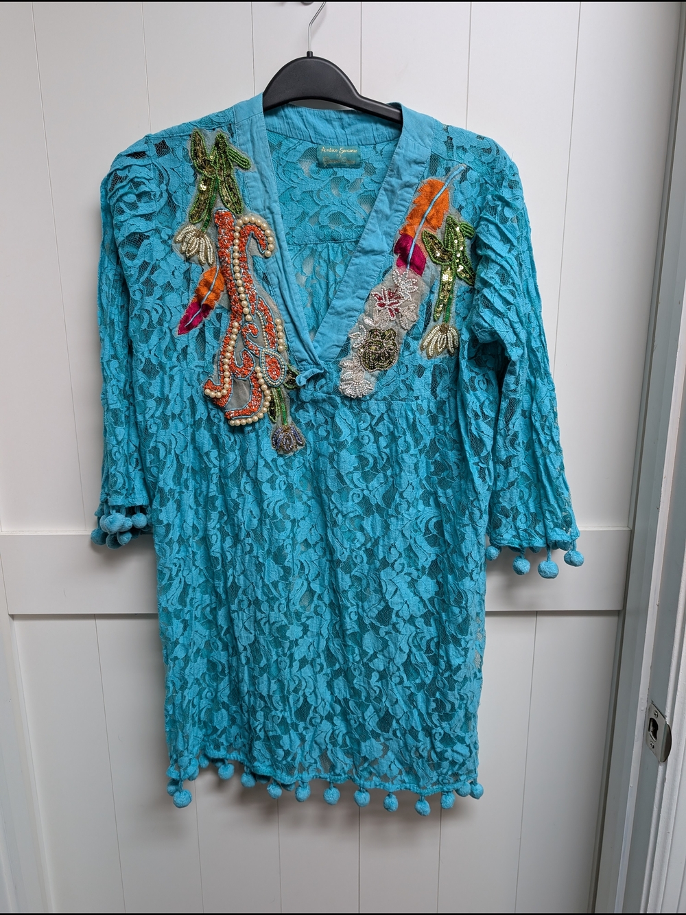 Antica Satoria Turquoise Lace Tunic with Embroidery & Beading, Large